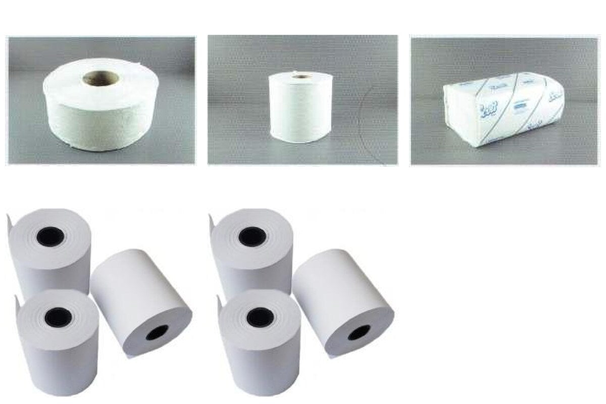 Jumbo toilet rolls C-fold hand towels and Gentle toilet rolls