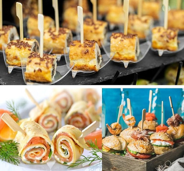 Close-up of pointed bamboo skewer sticks used for party food