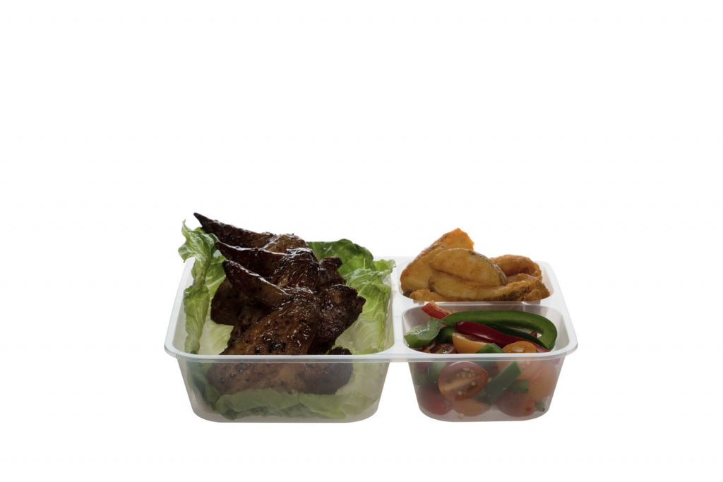 MS 1200TC clear rectangular food container with three separate compartments