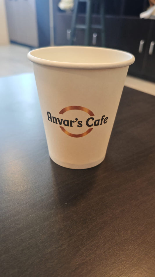 Custom printed 10 oz paper cup for Anvar's Cafe in Singapore