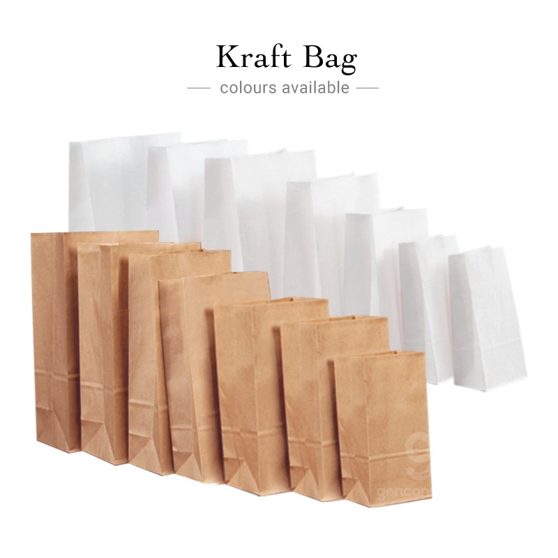 Brown and white kraft paper food bags in assorted sizes for takeaway packaging