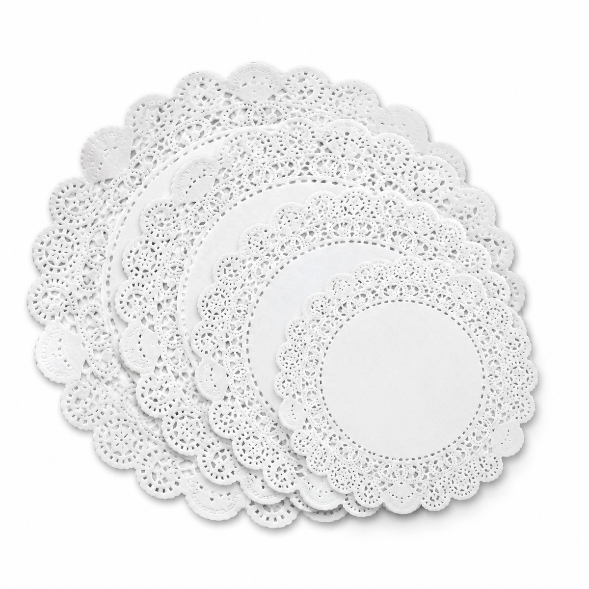 White round paper doilies in multiple sizes from 3.5 to 12 inches