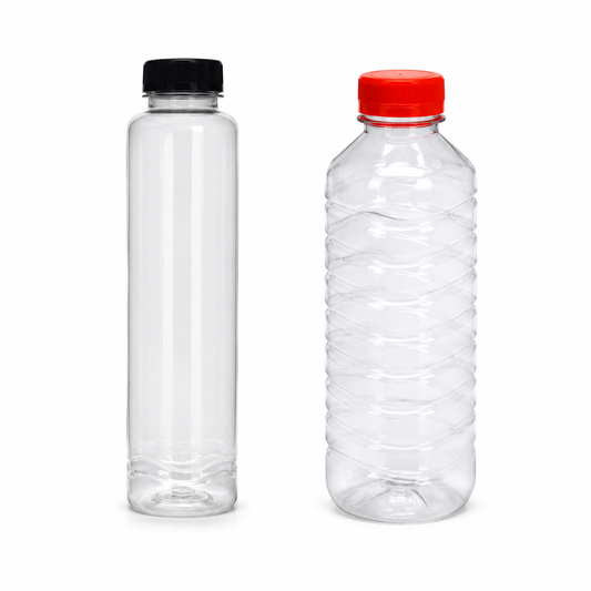 Clear 400ml PET bottle with black cap and 500ml ribbed PET bottle with red cap