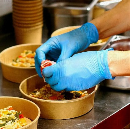 DenVenDus blue nitrile glove worn on hand, showcasing snug fit and flexibility