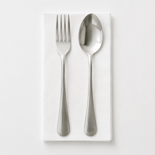White dinner napkin, 1/8 fold and 2-ply, with fork and spoon
