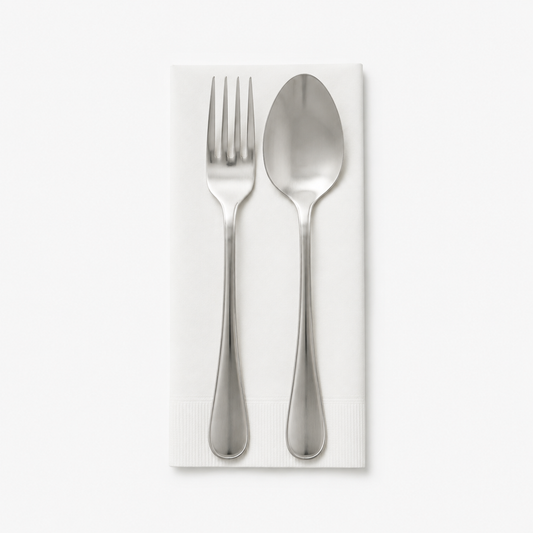 White luncheon napkin, 1/8 fold and 2-ply, with fork and spoon
