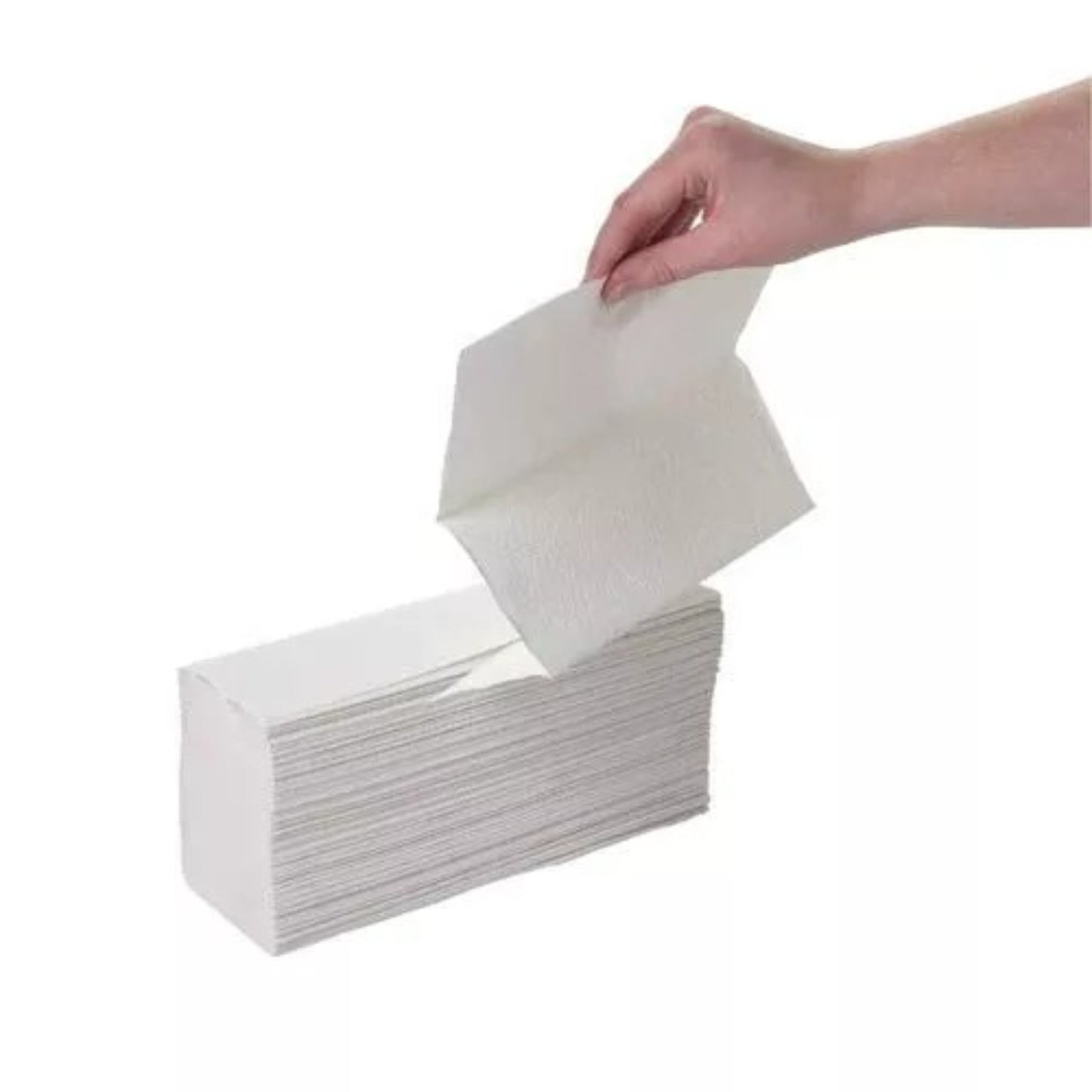 White M-fold napkin and interfolded paper hand towel being pulled from a stack