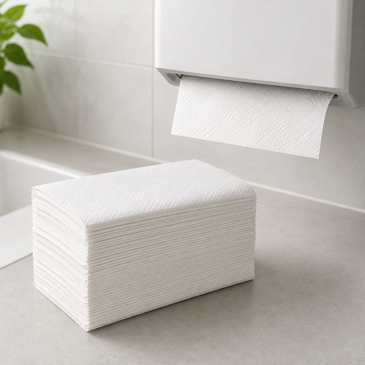 White M-fold paper hand towels with commercial dispenser