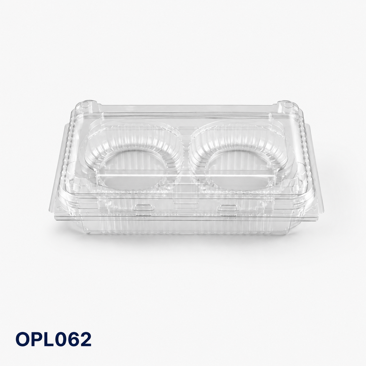 OPL062 two-cavity clear OPS lock-hinged egg tart box, 185 × 110 × 45 mm