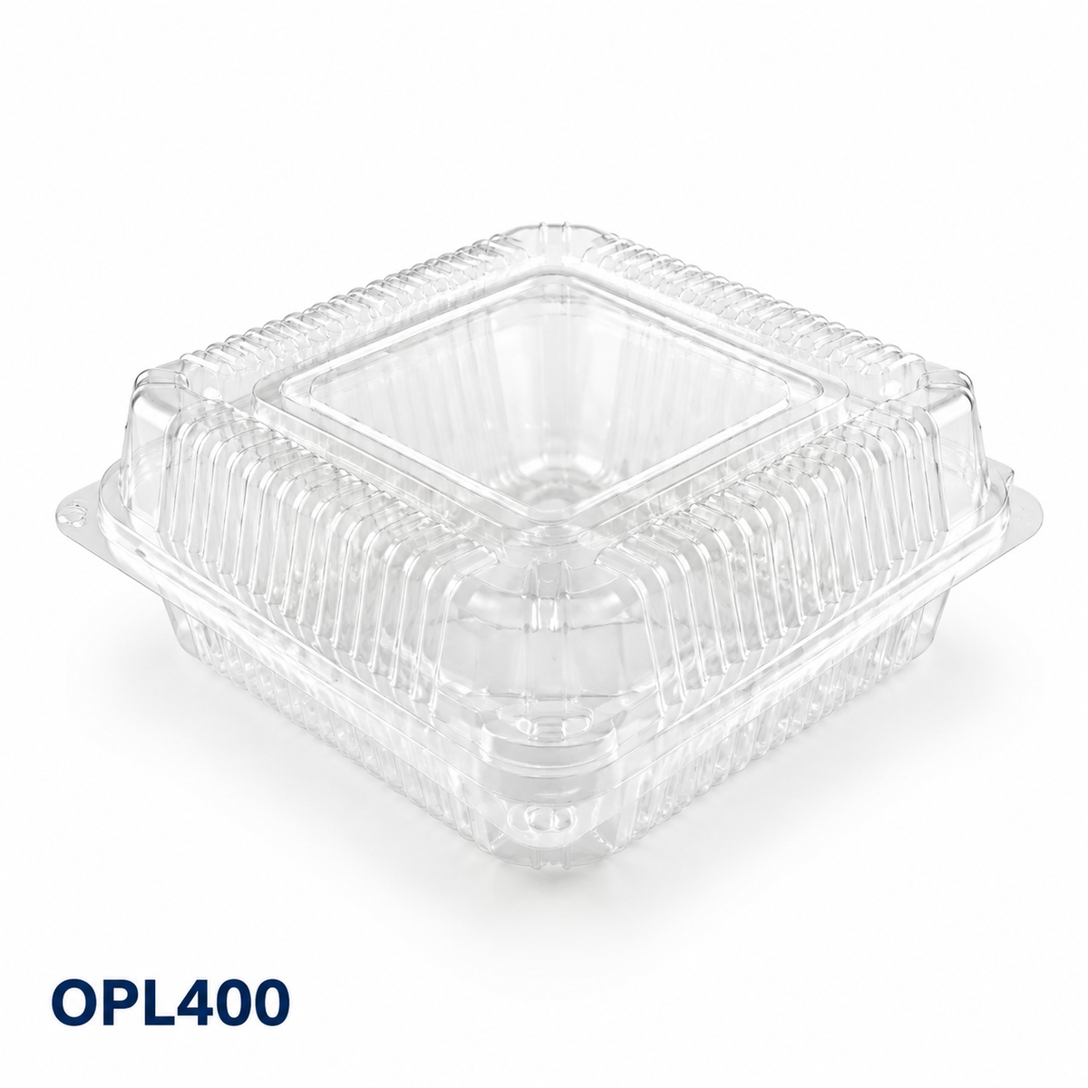 OPL400 clear OPS lock-hinged food box, 200 × 200 × 80 mm