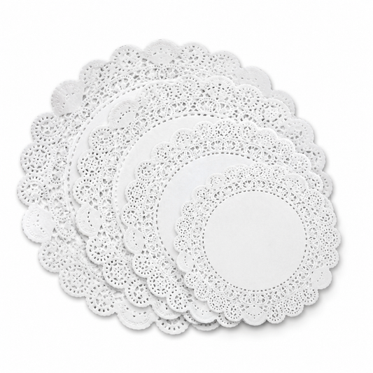 White round paper doilies in multiple sizes from 3.5 to 12 inches