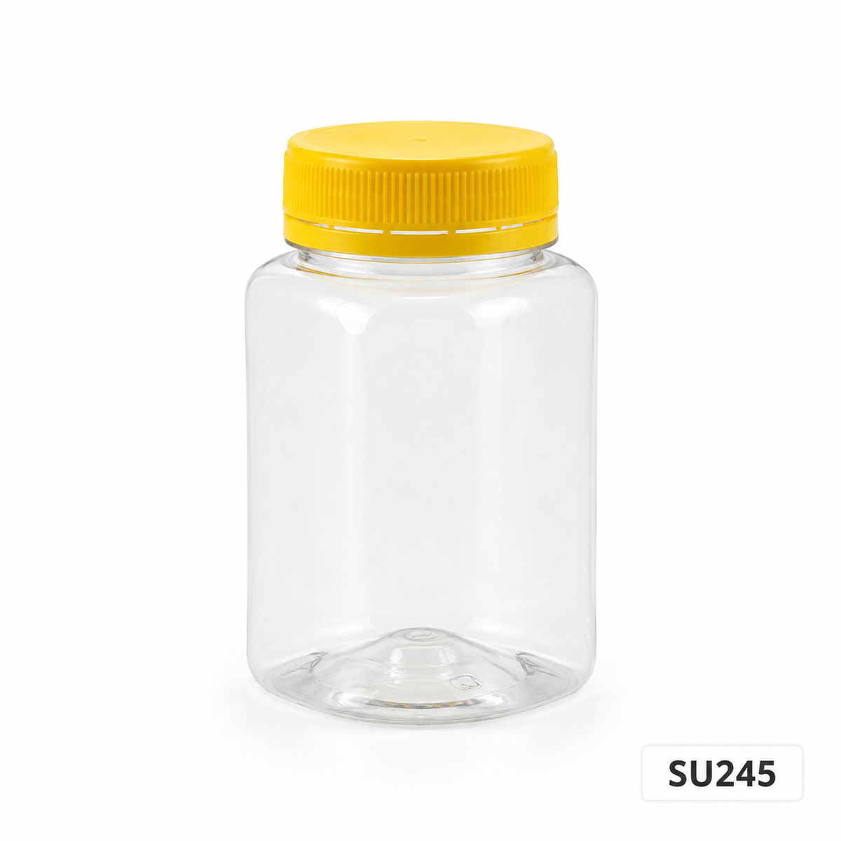 SU245 clear CNY snack container with yellow lid, 70 mm diameter × 110 mm high