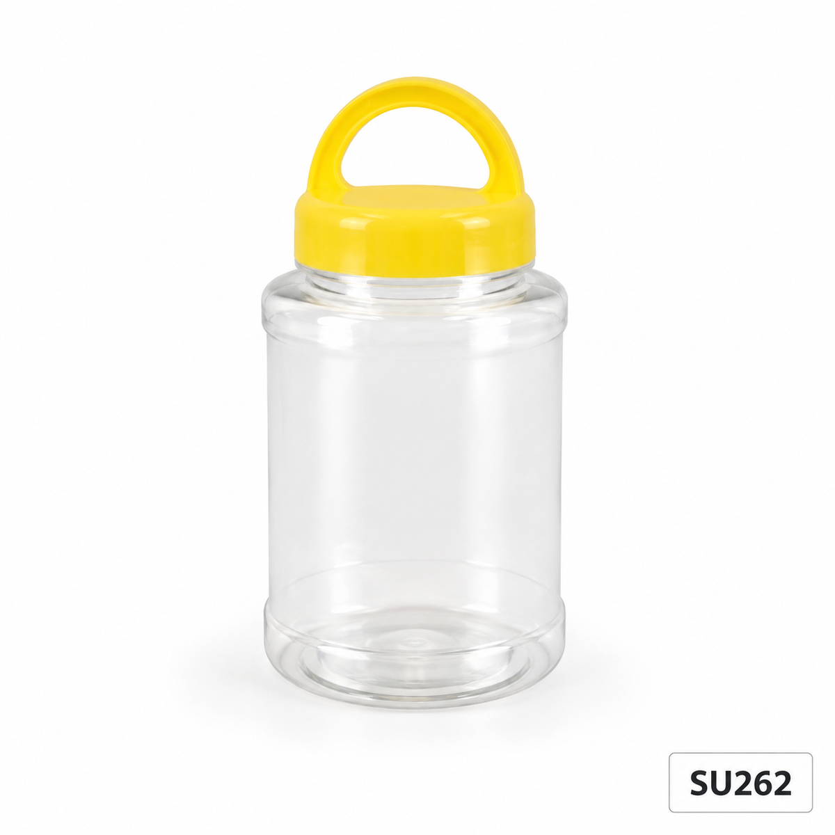 SU262 clear CNY snack container with yellow handle lid, 52 mm diameter × 140 mm high