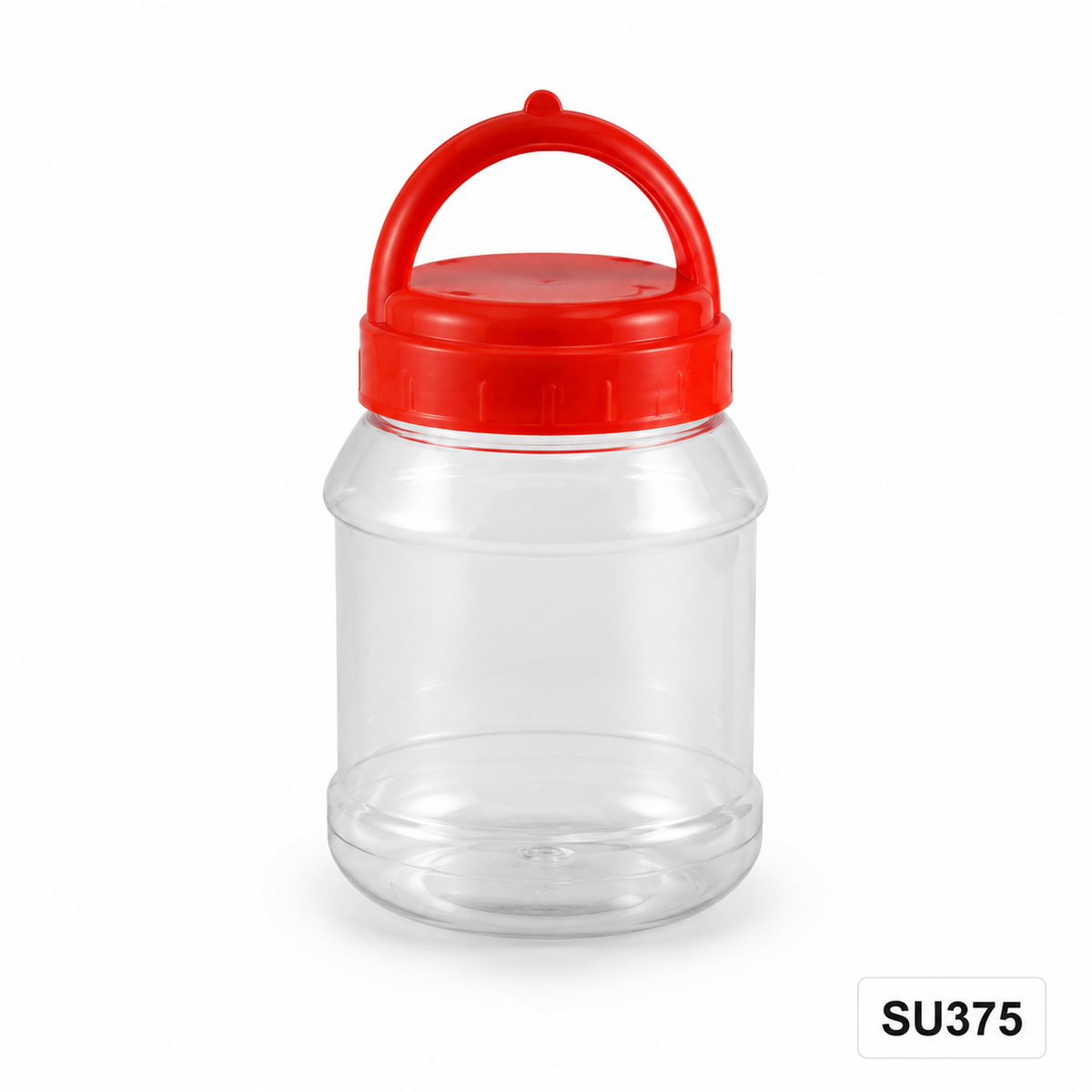 SU375 clear CNY snack container with red handle lid, 89 mm diameter × 130 mm high