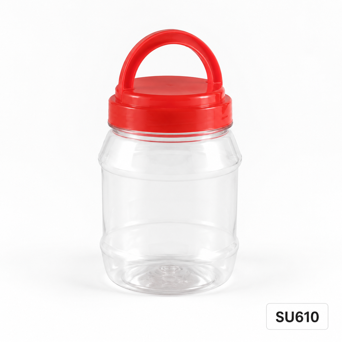 SU610 clear CNY snack container with red handle lid, 97 mm diameter × 140 mm high