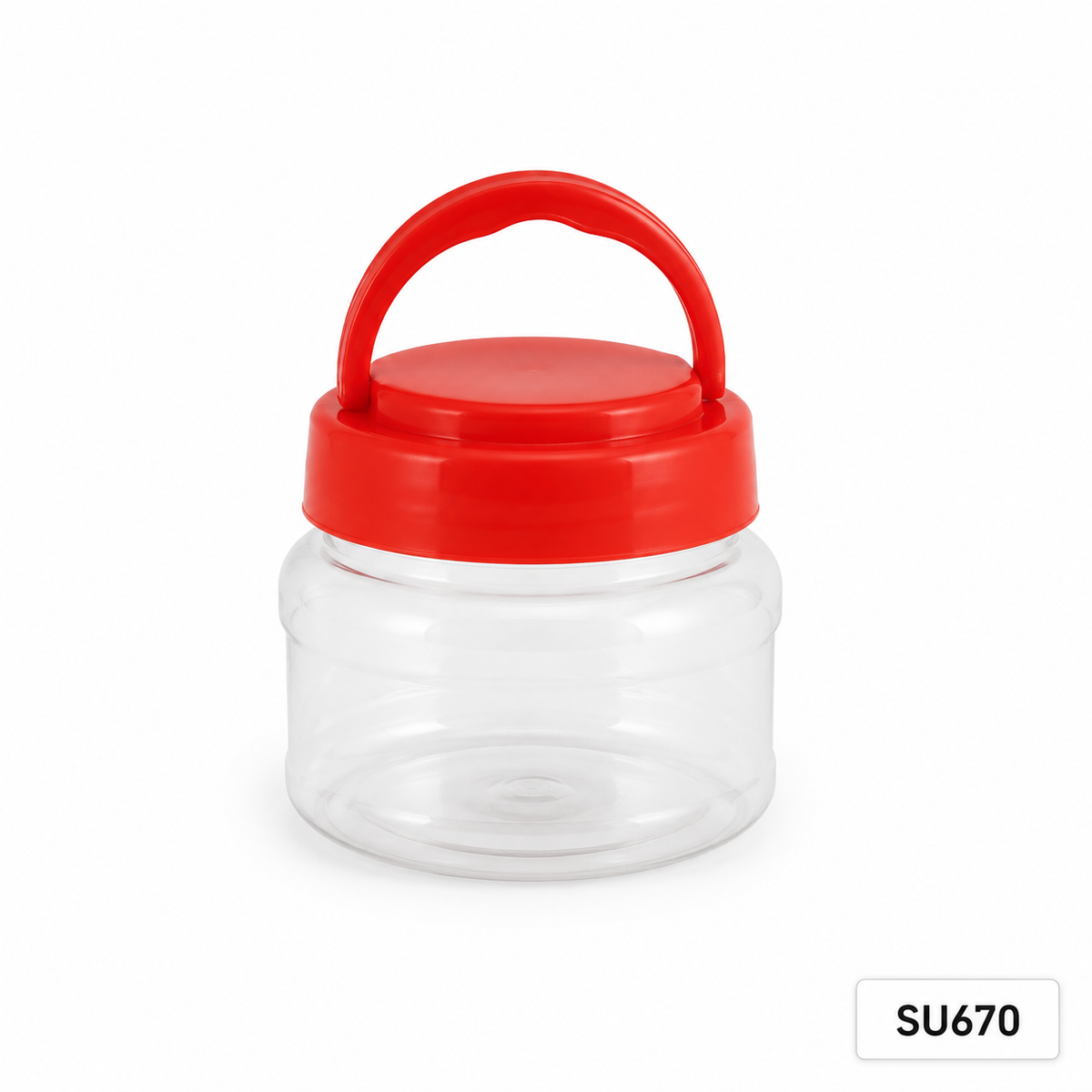 SU670 clear CNY snack container with red handle lid, 97 mm diameter × 95 mm high