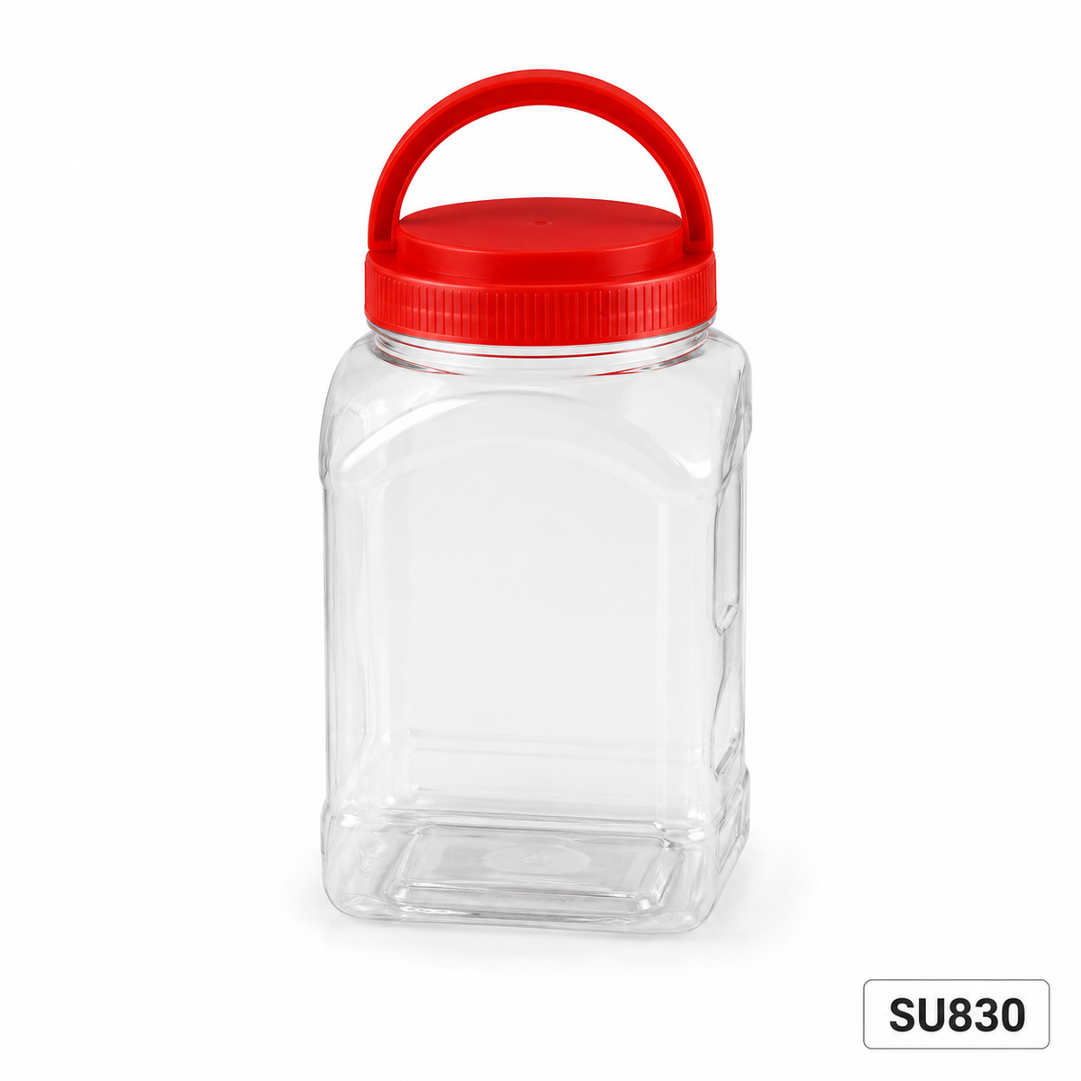 SU830 square clear CNY snack container with red handle lid, 140 × 125 × 220 mm