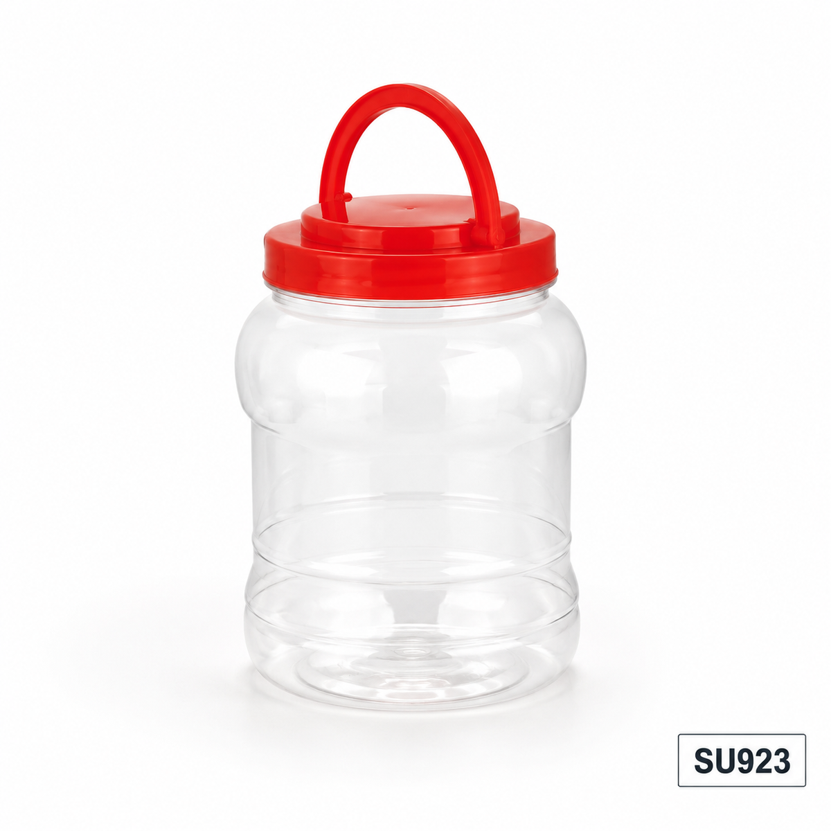 SU923 clear CNY snack container with red handle lid, 110 mm diameter × 195 mm high