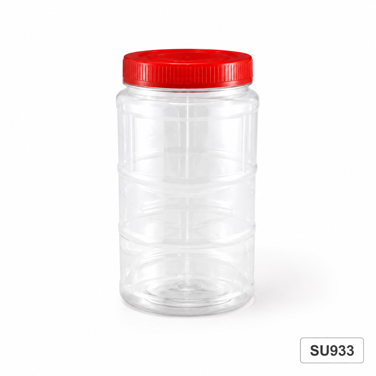 SU933 clear CNY snack container with red lid, 120 mm diameter × 240 mm high