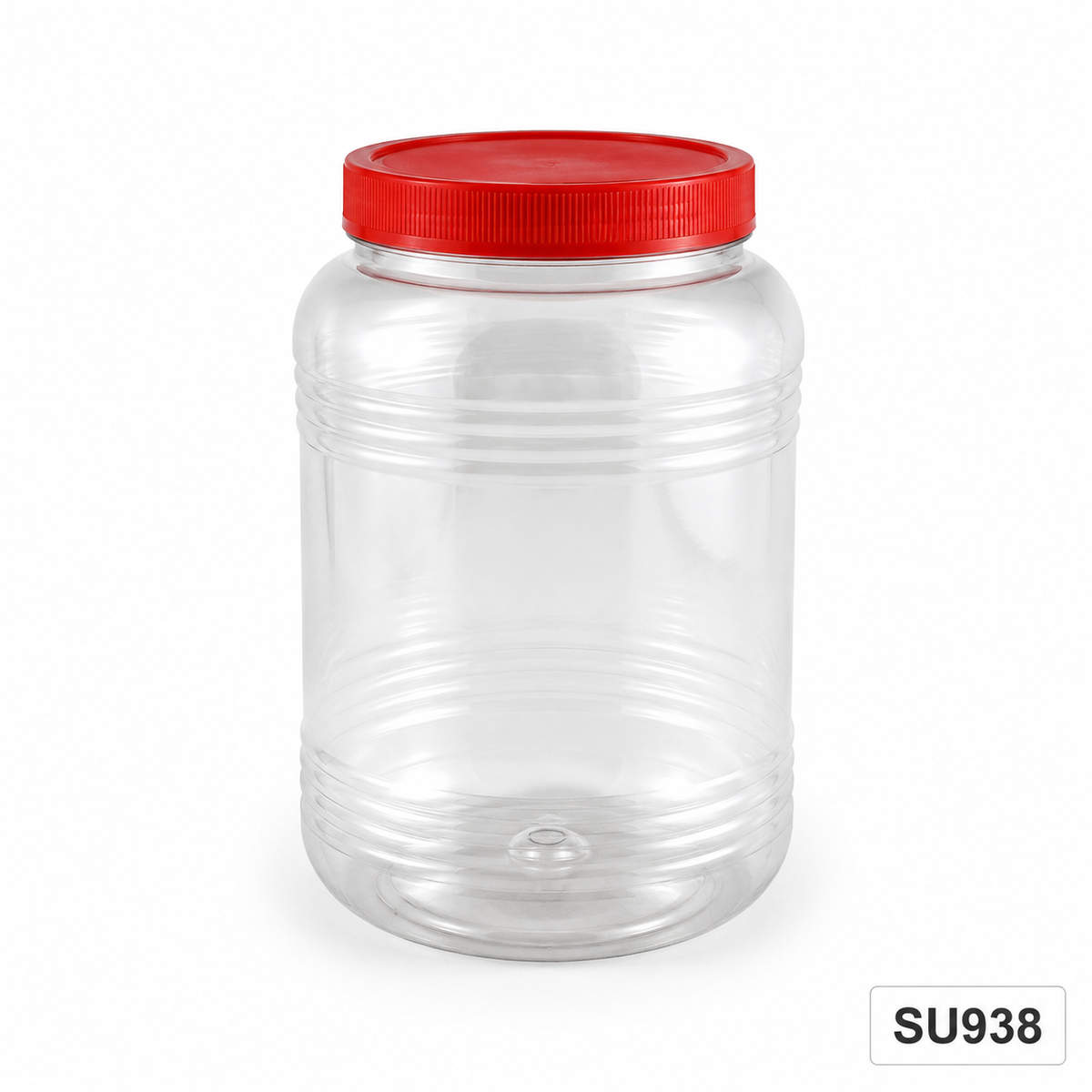SU938 clear CNY snack container with red lid, 120 mm diameter × 215 mm high